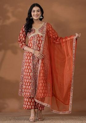 Rust Motif Cotton Kurta Dupatta Set