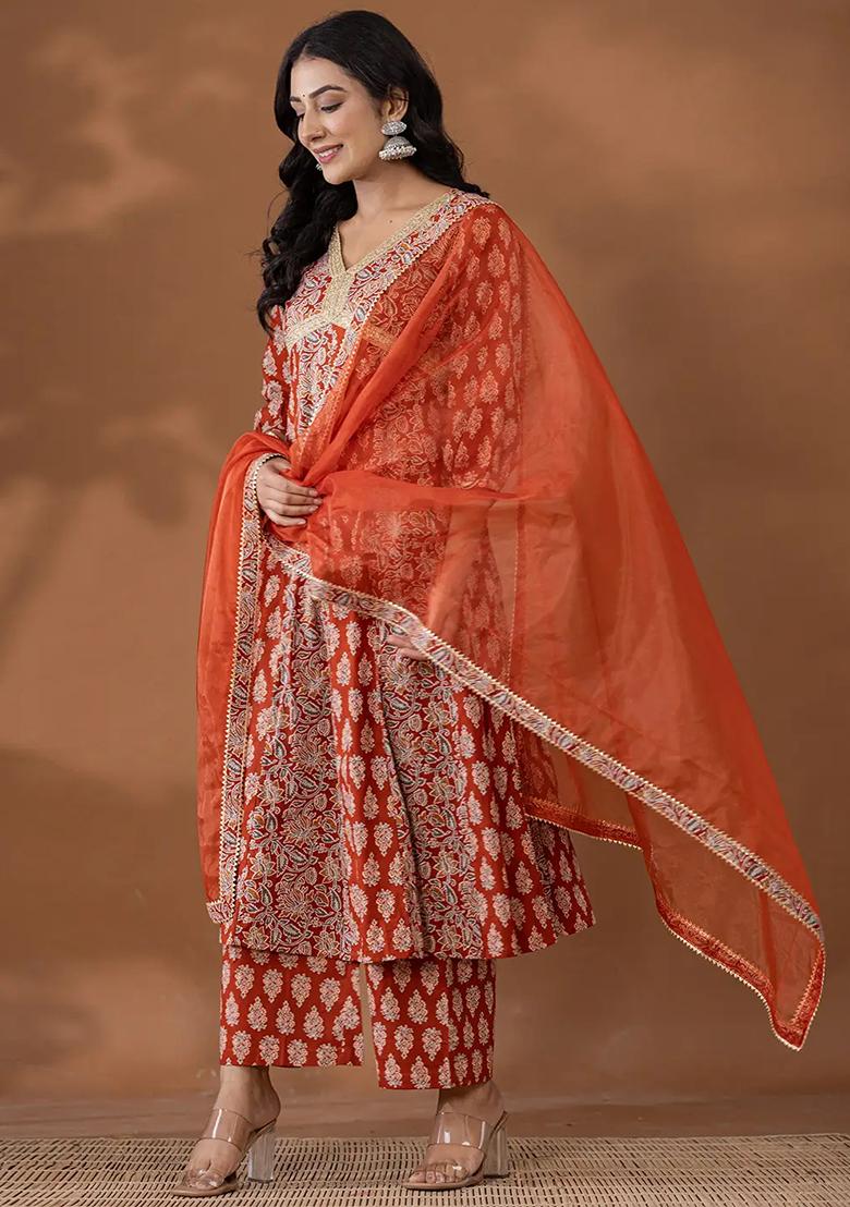 Rust Motif Cotton Kurta Dupatta Set - Indya