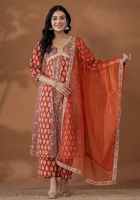 Rust Motif Cotton Kurta Dupatta Set