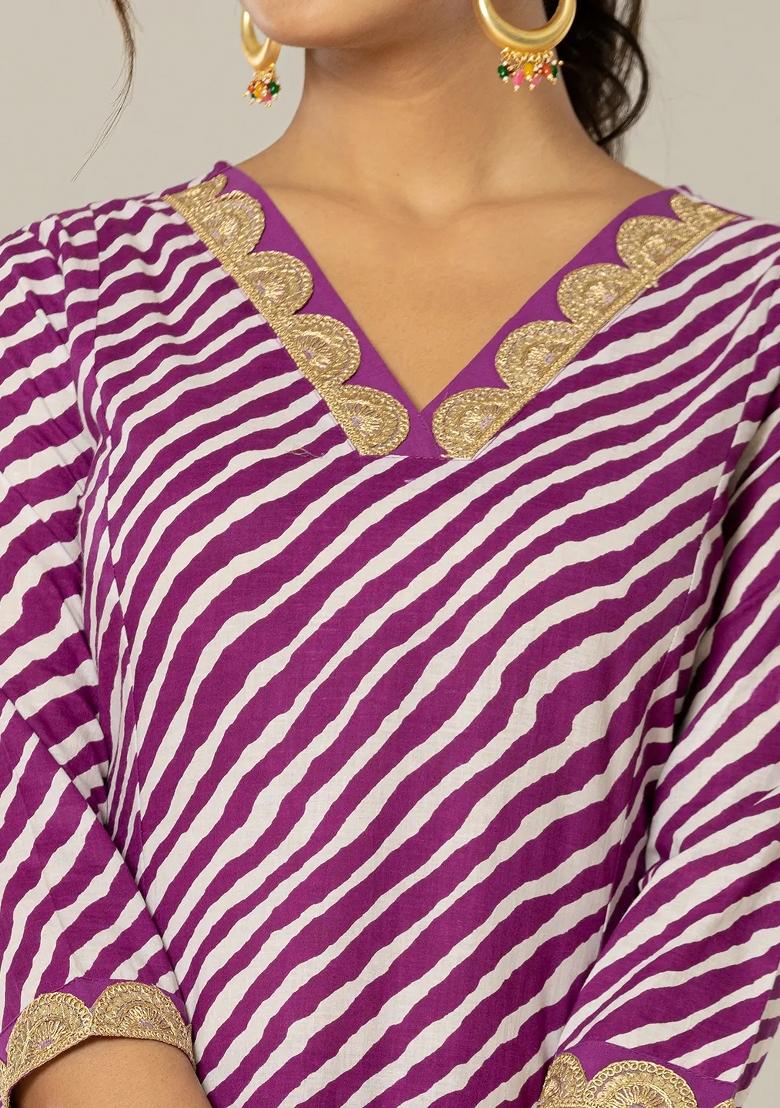 Purple Printed Cotton Kurta Dupatta Set - Indya