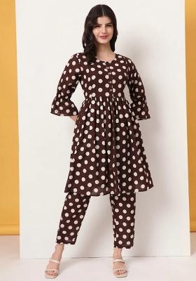 Brown Motif Cotton Kurta Set