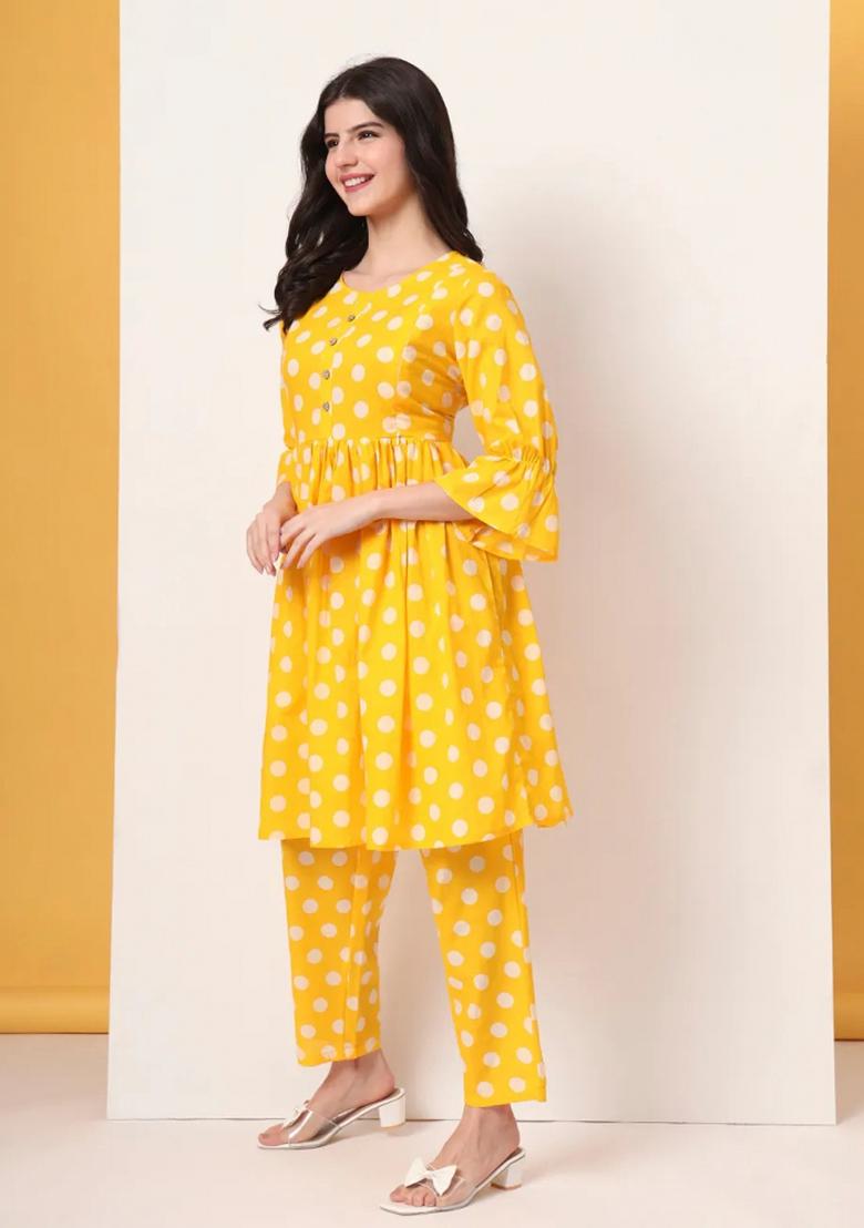 Yellow Motif Cotton Kurta Set - Indya