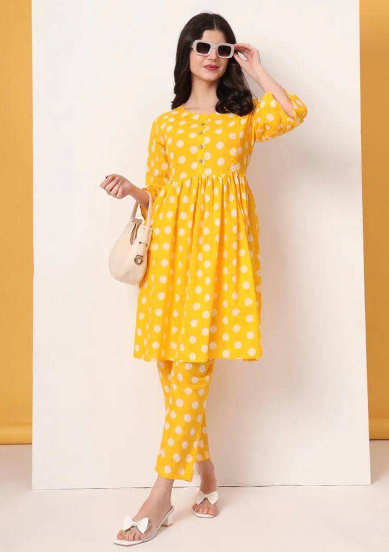 Yellow Motif Cotton Kurta Set - Indya