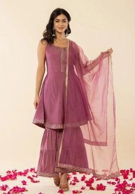 Purple Motif Silk Blend Kurta Dupatta Set