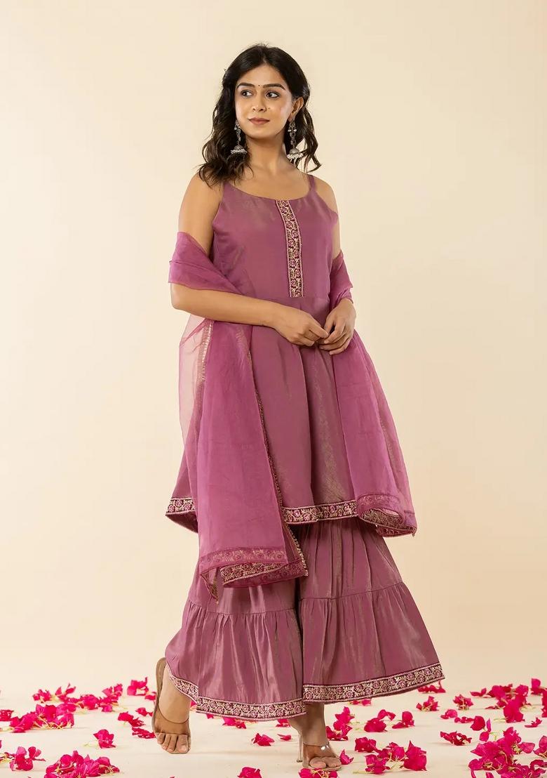 Purple Motif Silk Blend Kurta Dupatta Set - Indya