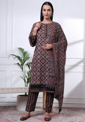 Black Motif Cotton Kurta Dupatta Set