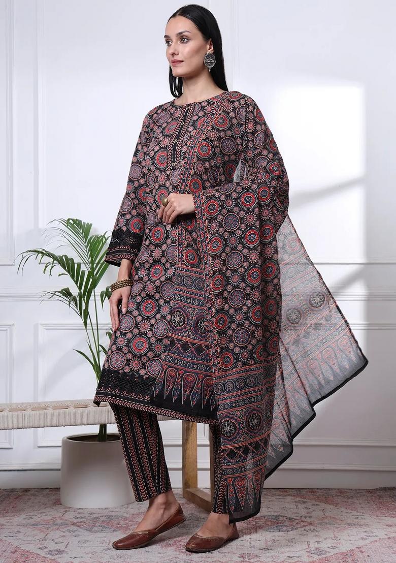 Black Motif Cotton Kurta Dupatta Set - Indya