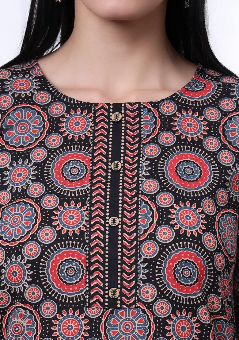 Black Motif Cotton Kurta Dupatta Set - Indya