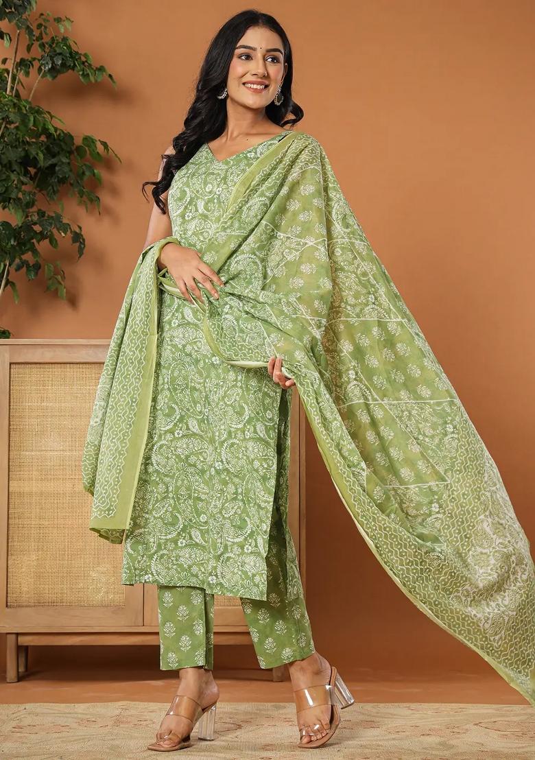Green Motif Cotton Kurta Dupatta Set - Indya