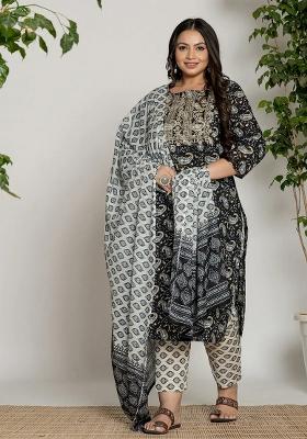 Black Printed Cotton Kurta Dupatta Set