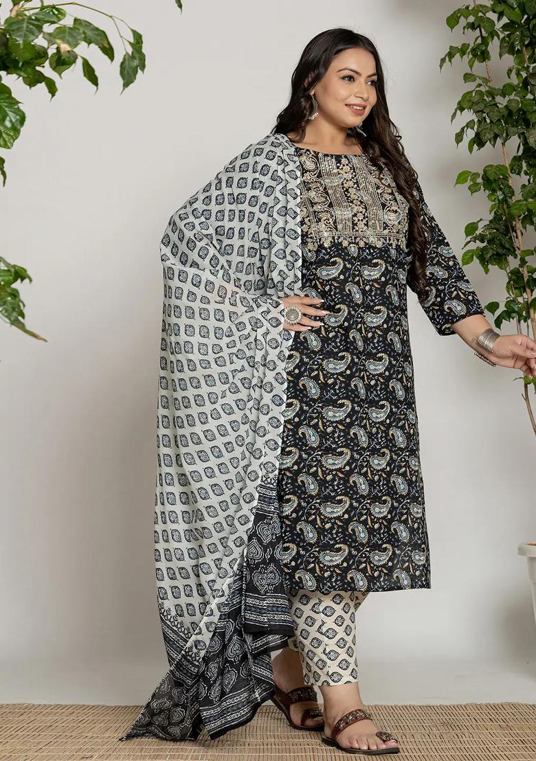 Black Printed Cotton Kurta Dupatta Set - Indya
