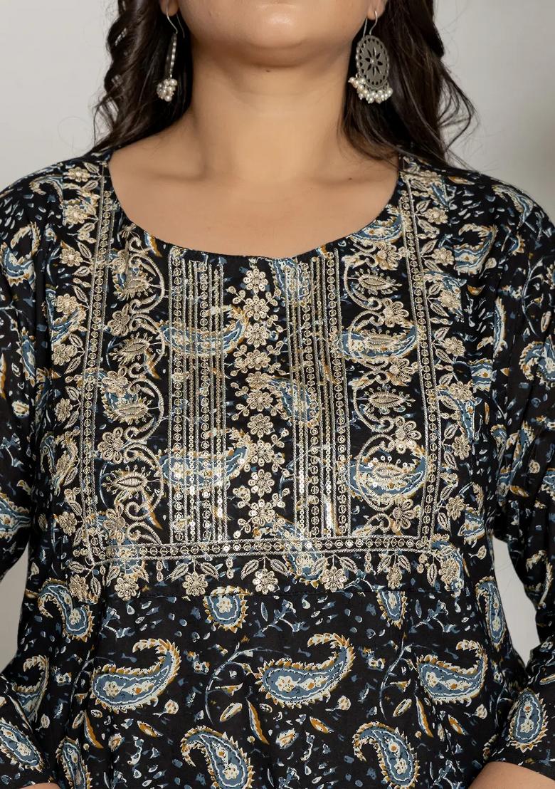 Black Printed Cotton Kurta Dupatta Set - Indya