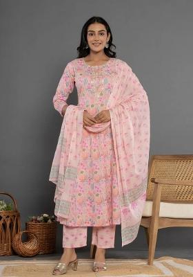 Peach Motif Cotton Kurta Dupatta Set