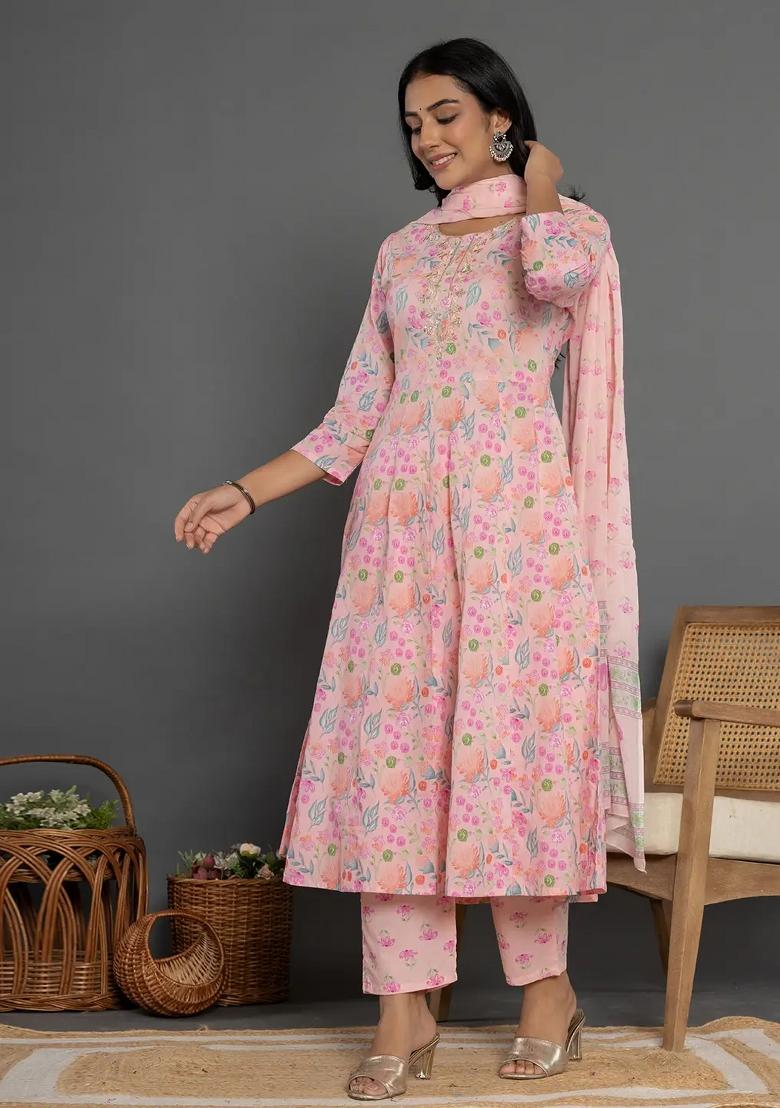 Peach Motif Cotton Kurta Dupatta Set - Indya