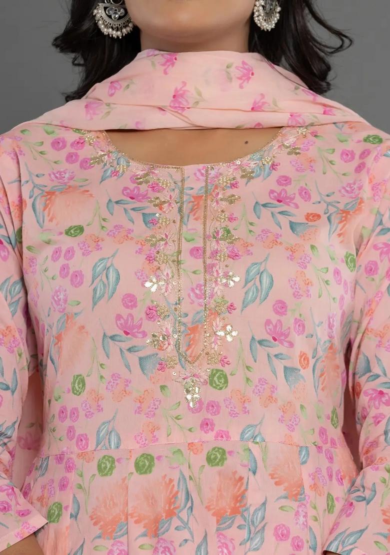 Peach Motif Cotton Kurta Dupatta Set - Indya