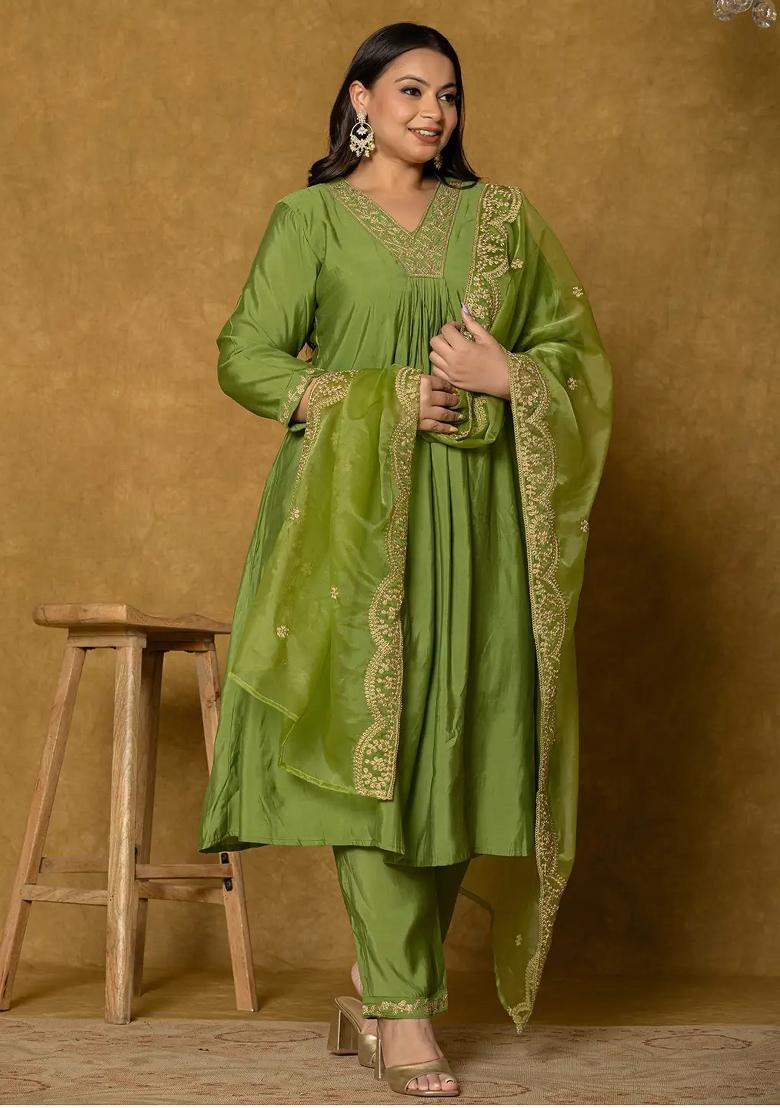 Green Embroidered Silk Blend Kurta Dupatta Set - Indya