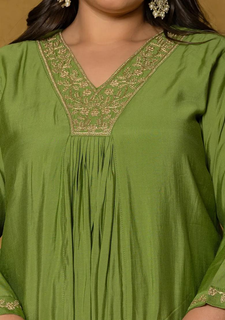 Green Embroidered Silk Blend Kurta Dupatta Set - Indya