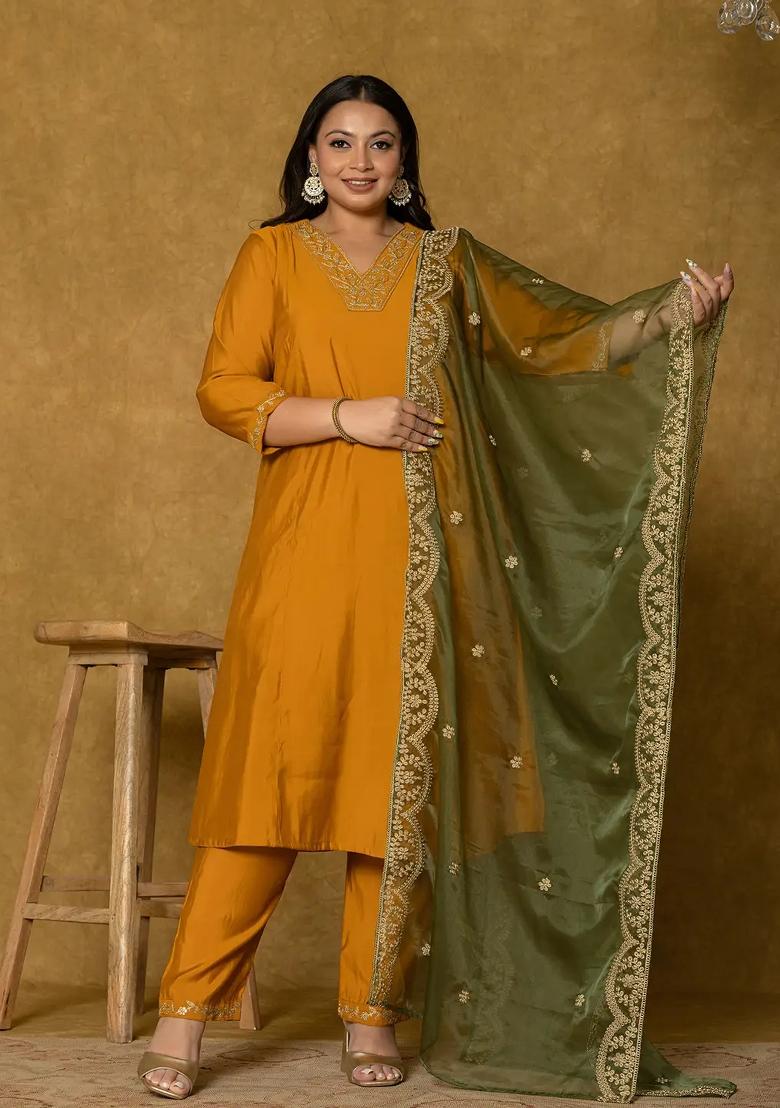 Mustard Embroidered Silk Blend Kurta Dupatta Set - Indya
