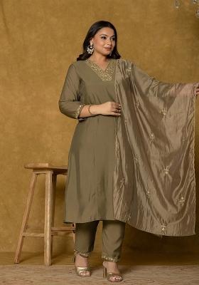Olive Green Embroidered Silk Blend Kurta Dupatta Set