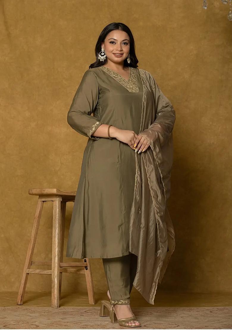 Olive Green Embroidered Silk Blend Kurta Dupatta Set - Indya