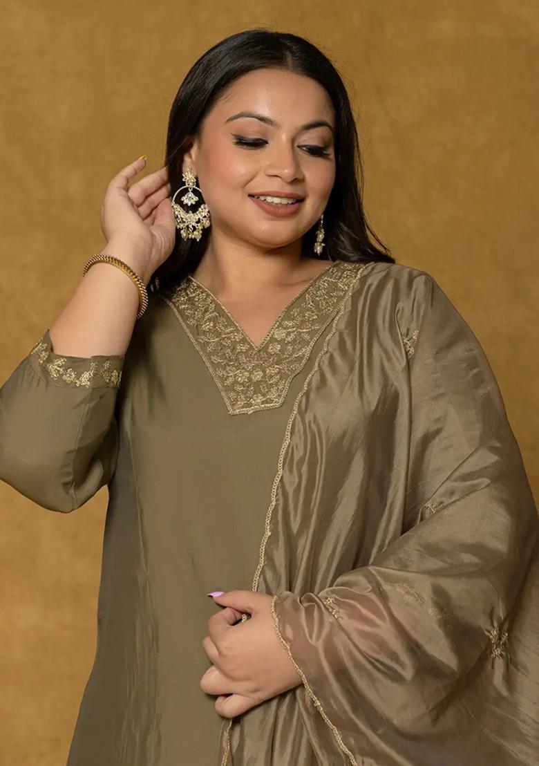 Olive Green Embroidered Silk Blend Kurta Dupatta Set - Indya