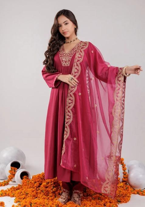 Burgundy Embroidered Blended Anarkali Set