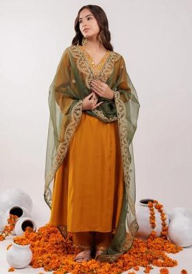 Mustard Embroidered Silk Blend Kurta Dupatta Set
