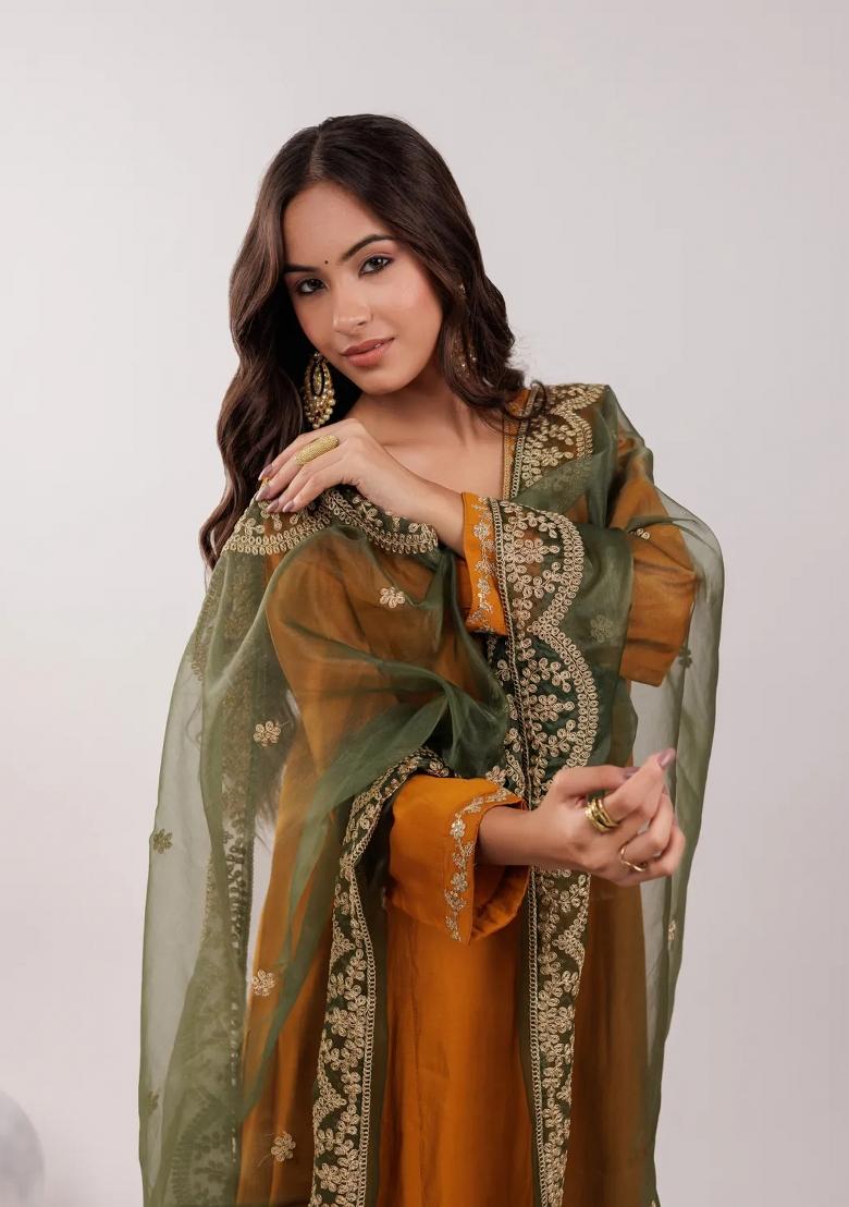 Mustard Embroidered Silk Blend Kurta Dupatta Set - Indya