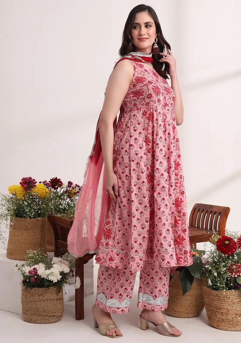 Pink Printed Cotton Kurta Dupatta Set - Indya