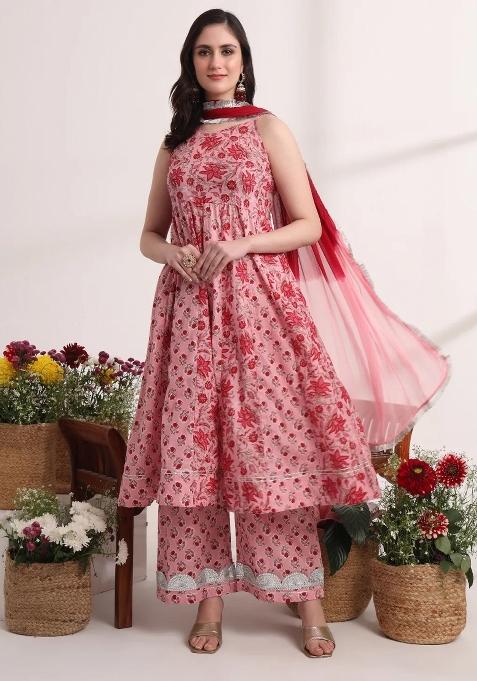 Pink Printed Cotton Kurta Dupatta Set