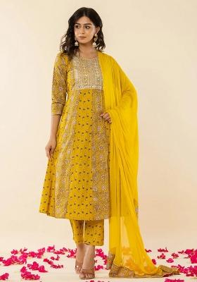 Mustard Embroidered Cotton Kurta Dupatta Set