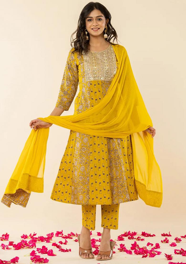 Mustard Embroidered Cotton Kurta Dupatta Set - Indya