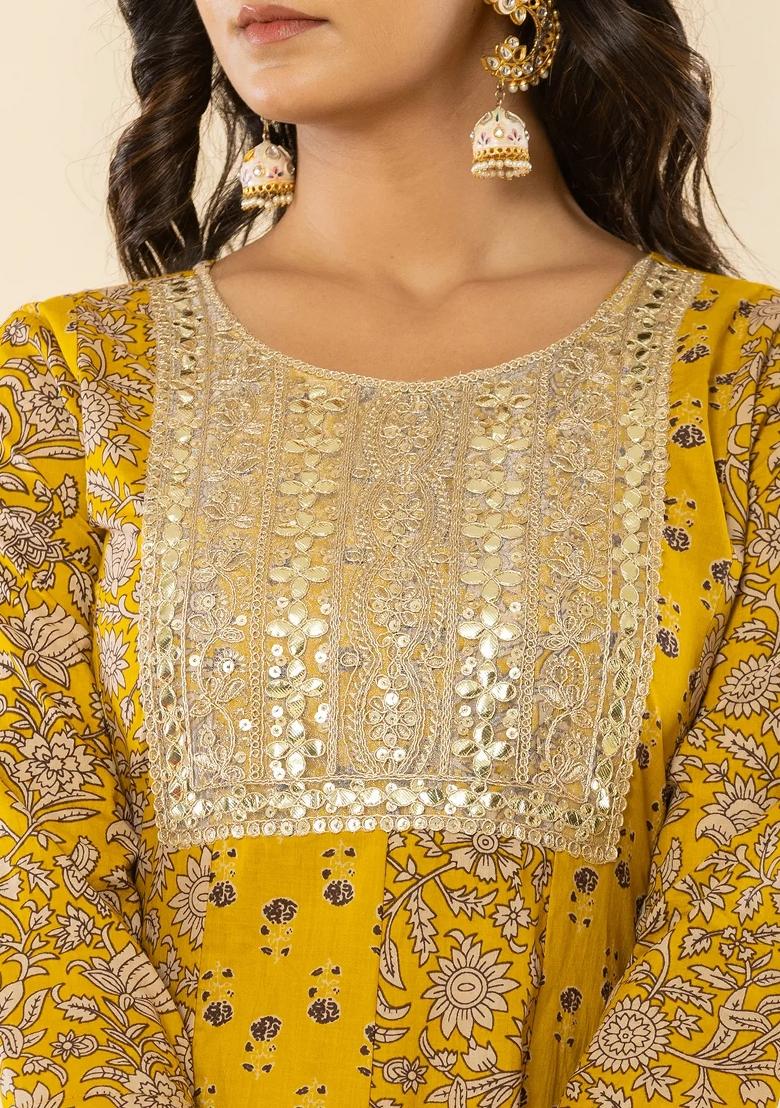 Mustard Embroidered Cotton Kurta Dupatta Set - Indya