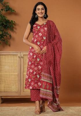 Burgundy Floral Print Cotton Straight Kurta Set