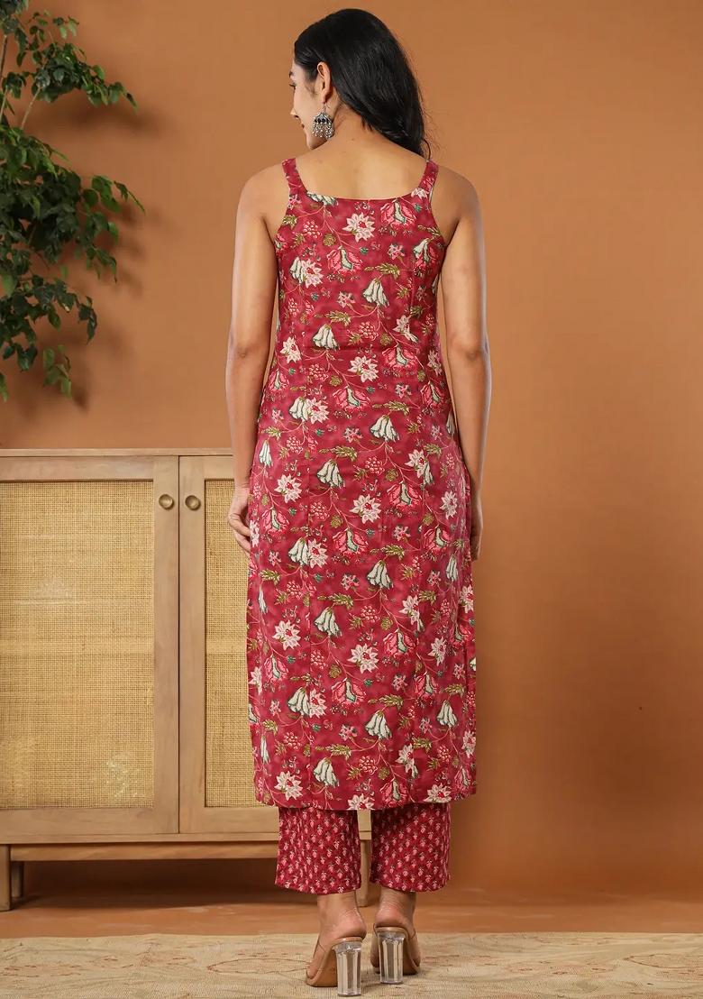 Burgundy Motif Cotton Kurta Dupatta Set - Indya