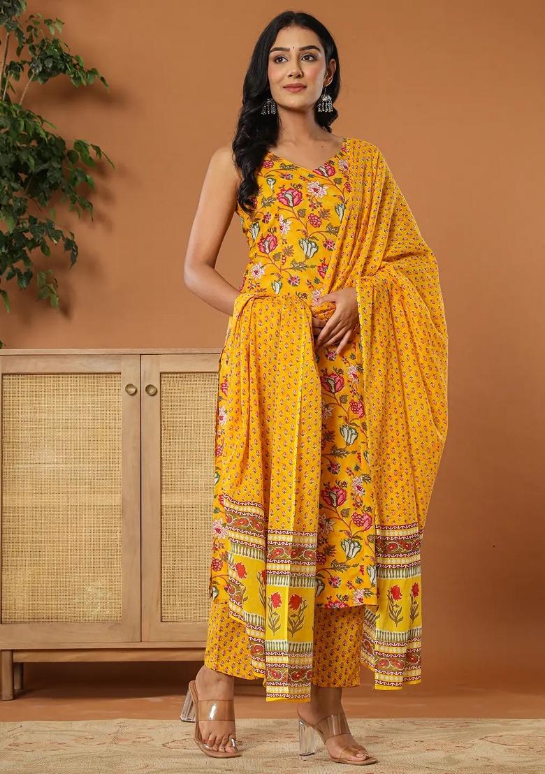 Mustard Motif Cotton Kurta Dupatta Set - Indya
