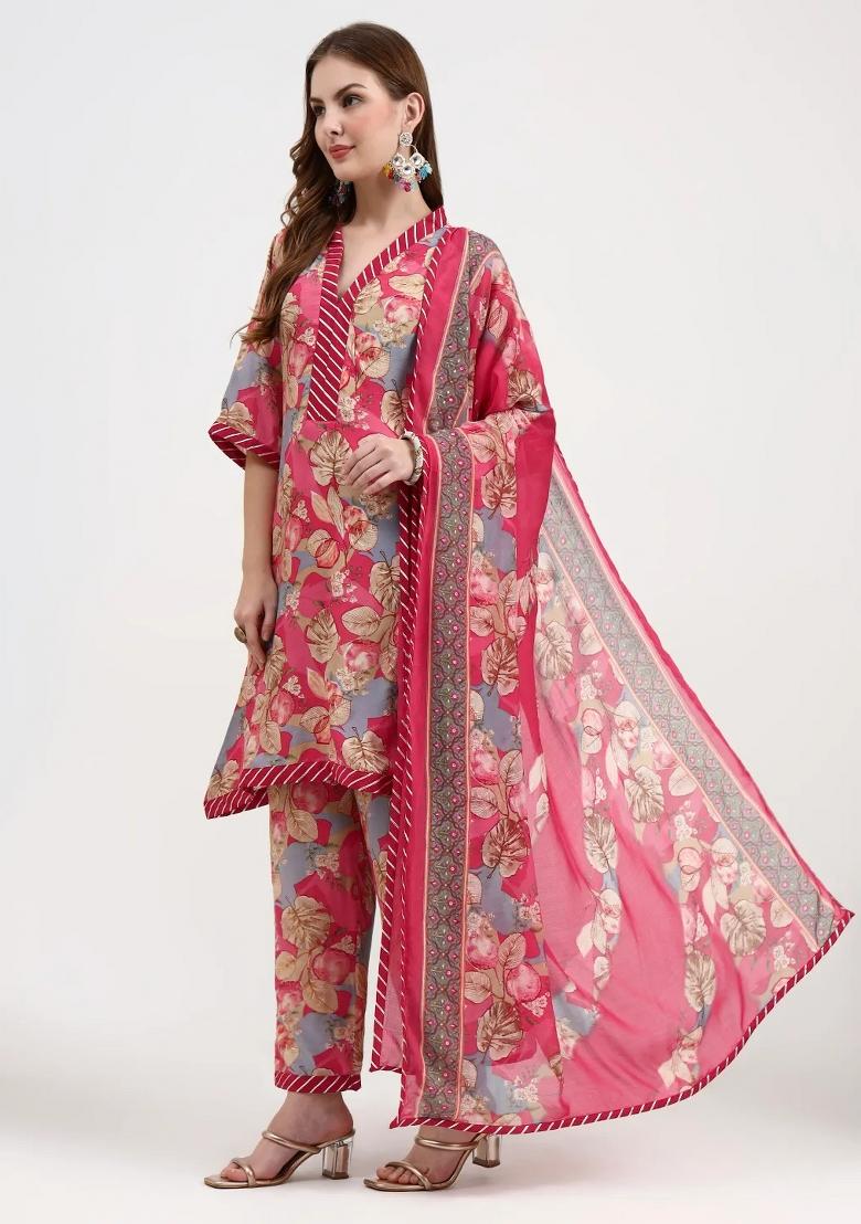 Red Motif Silk Blend Kurta Dupatta Set - Indya