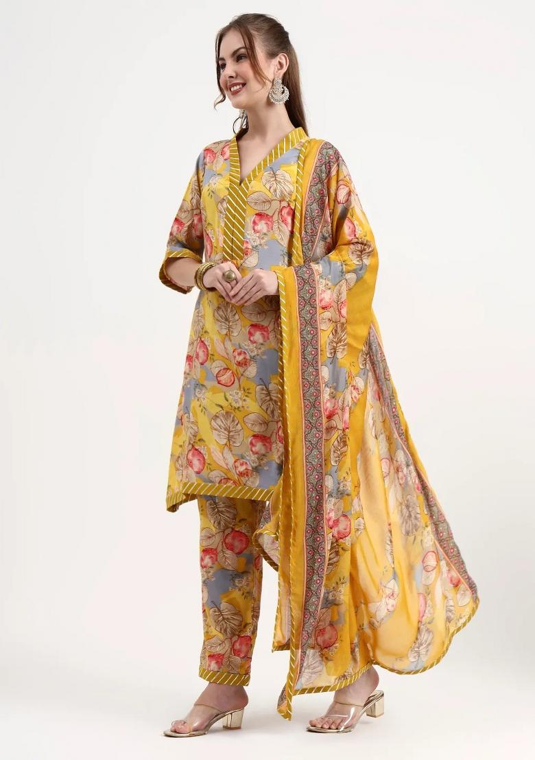 Yellow Motif Silk Blend Kurta Dupatta Set - Indya