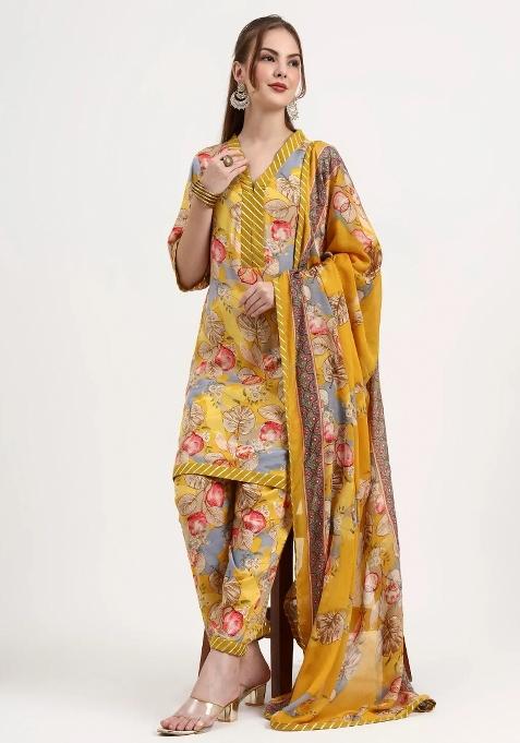 Yellow Motif Silk Blend Kurta Dupatta Set