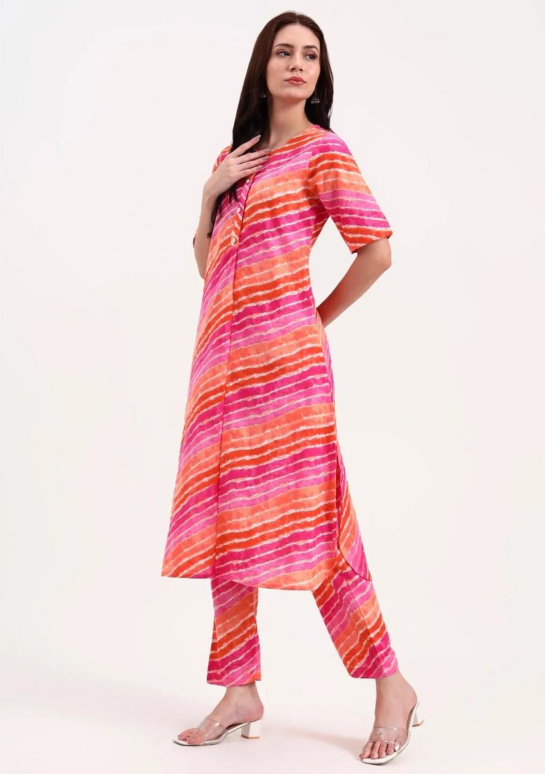 Pink Motif Cotton Kurta Set - Indya