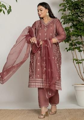 Rust Motif Silk Blend Kurta Dupatta Set