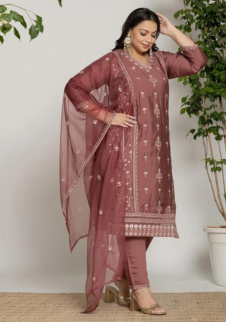 Rust Motif Silk Blend Kurta Dupatta Set - Indya