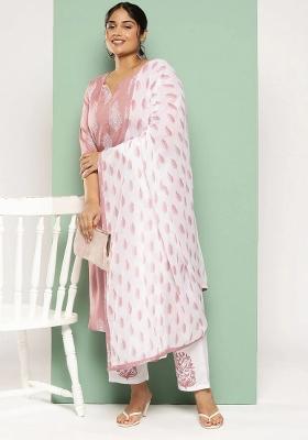 Mauve Printed Viscose Rayon Kurta Dupatta Set