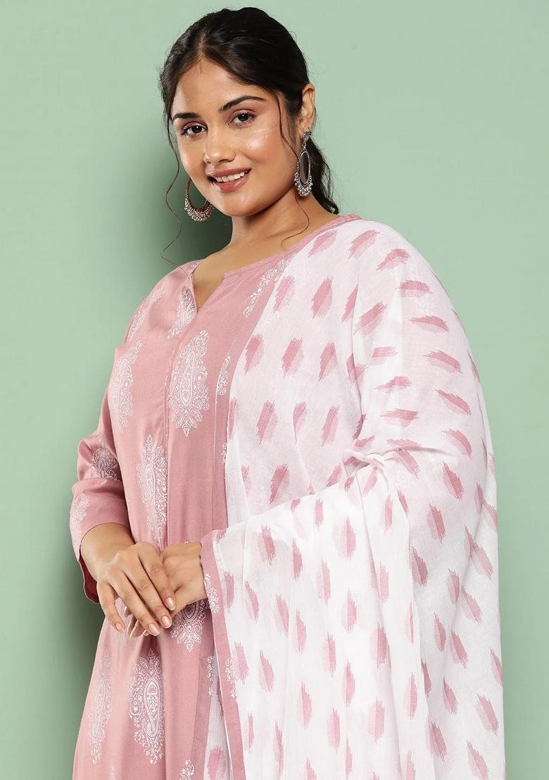 Mauve Printed Viscose Rayon Kurta Dupatta Set - Indya