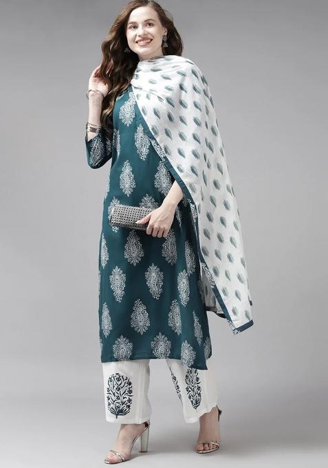 Teal Green Printed Viscose Rayon Kurta Dupatta Set