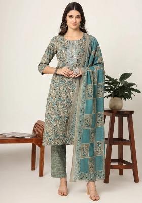 Teal Blue Embroidered Cotton Kurta Dupatta Set
