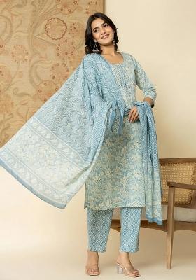 Blue Floral Print Cotton Kurta Dupatta Set