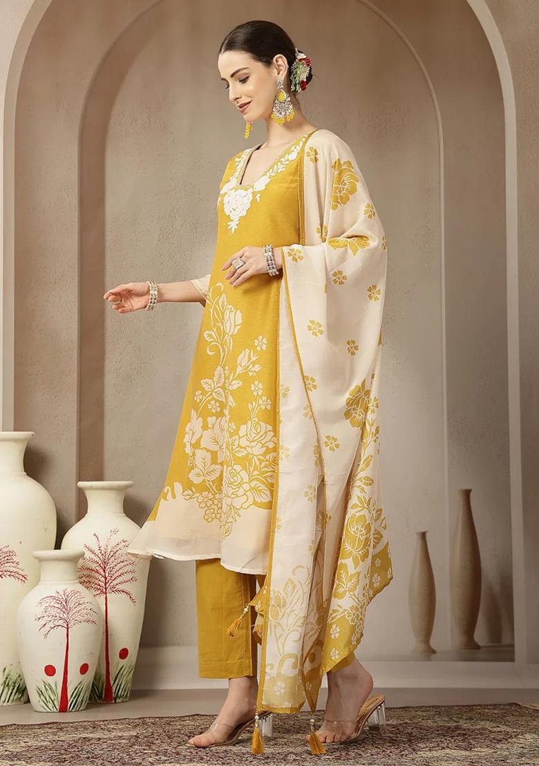 Yellow Motif Chanderi Silk Kurta Dupatta Set - Indya