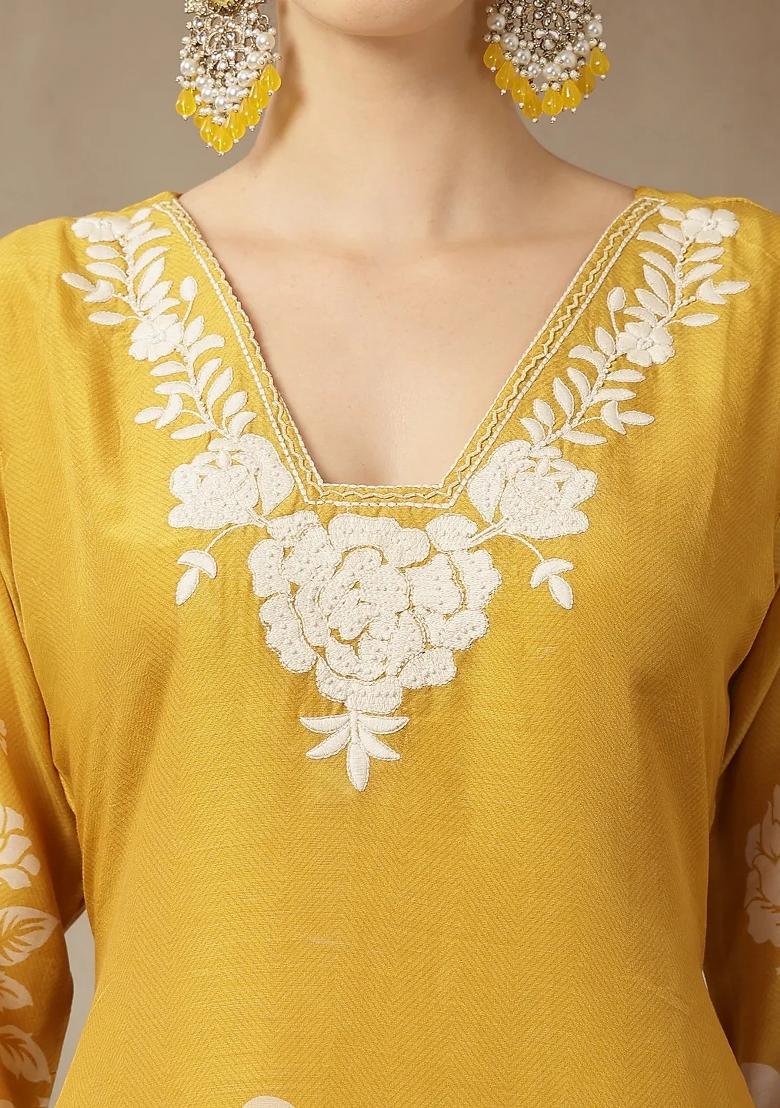 Yellow Motif Chanderi Silk Kurta Dupatta Set - Indya