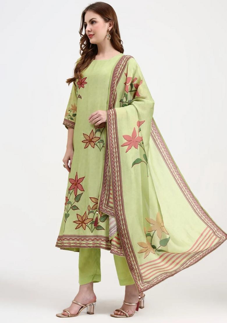 Green Motif Chanderi Silk Kurta Dupatta Set - Indya